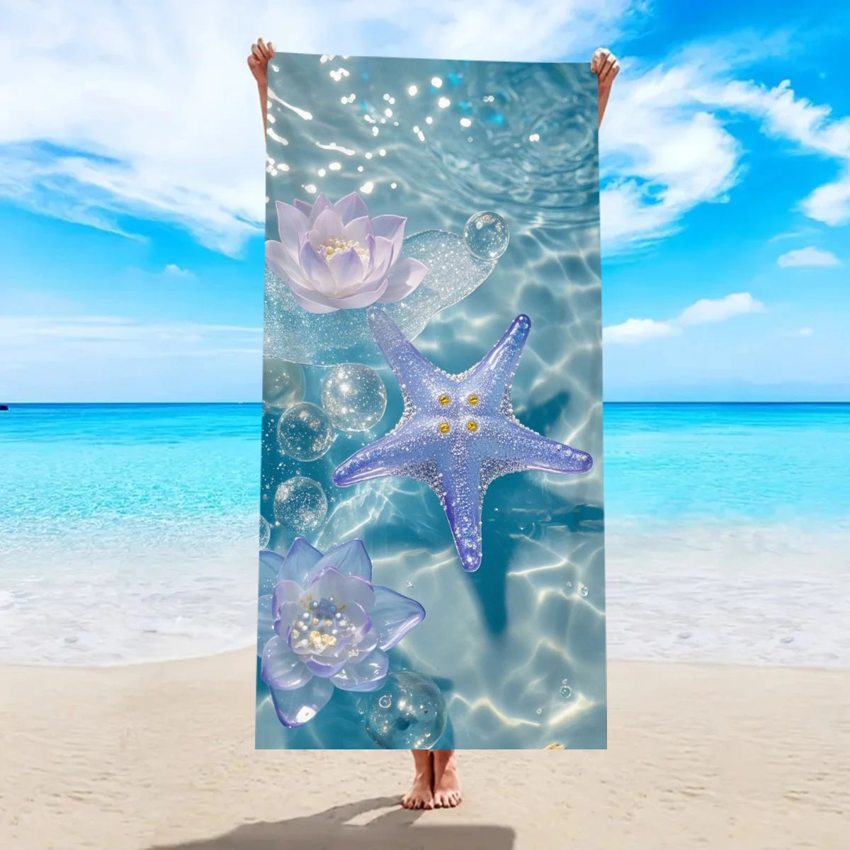 Telo Mare con Stampa Stelle Marine – Poliestere Asciugatura Rapida – 7 Fantasie 2 Misure