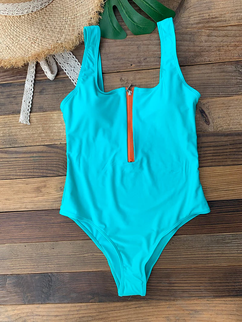 Costume da Bagno Intero Donna con Cerniera Frontale – Push Up, Schiena Scoperta - Stampa a Righe e Tinta Unita