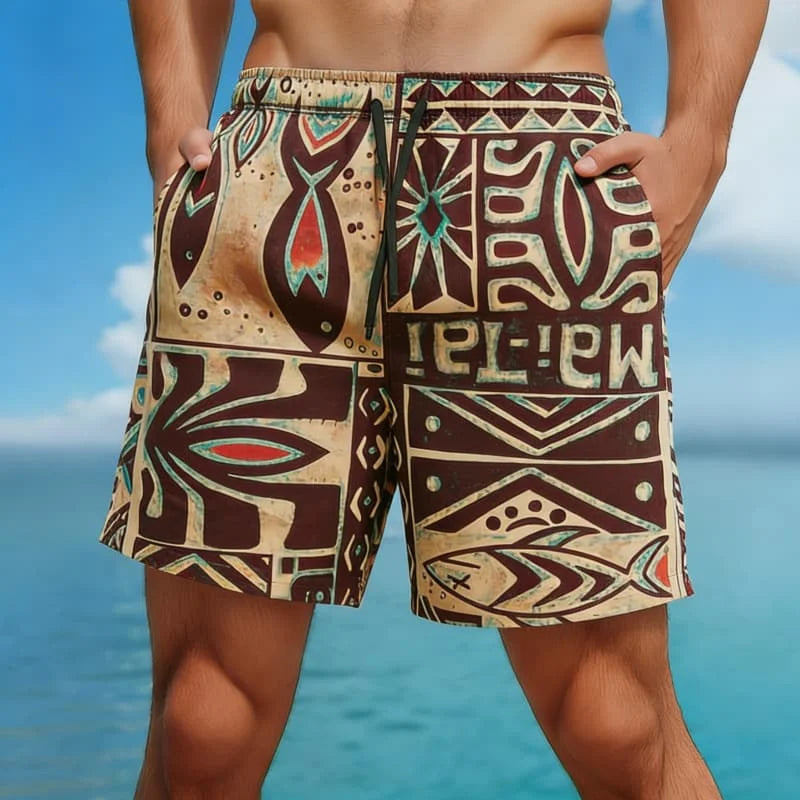 Bermuda da Spiaggia Uomo con Stampa Etnica – Pantaloncini Casual Estivi con Motivi Tribali e Geometrici, S–5XL,8 Colori