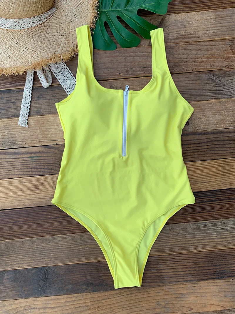 Costume da Bagno Intero Donna con Cerniera Frontale – Push Up, Schiena Scoperta - Stampa a Righe e Tinta Unita