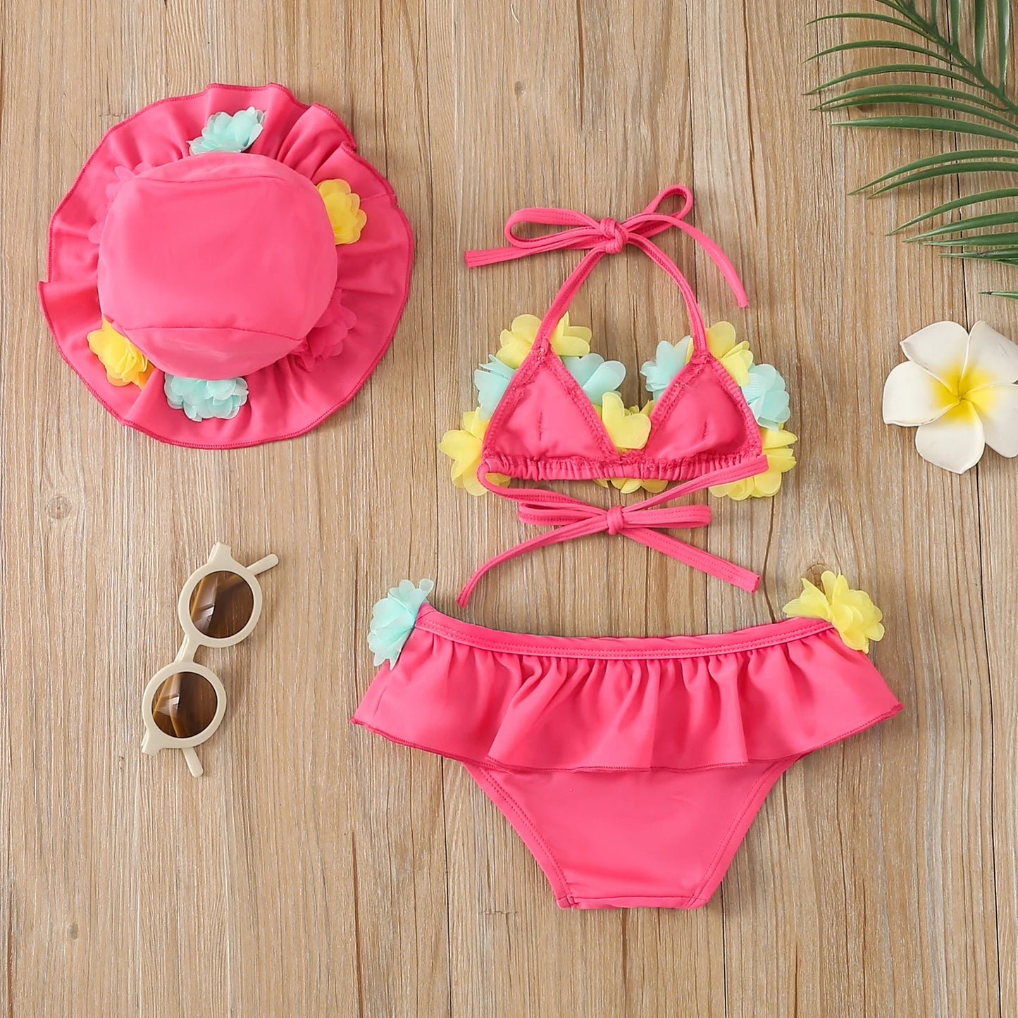 Costume da Bagno per Bambina 3 Pezzi, Bikini a Fiori con Volant e Cappellino da Sole, 6M–24M