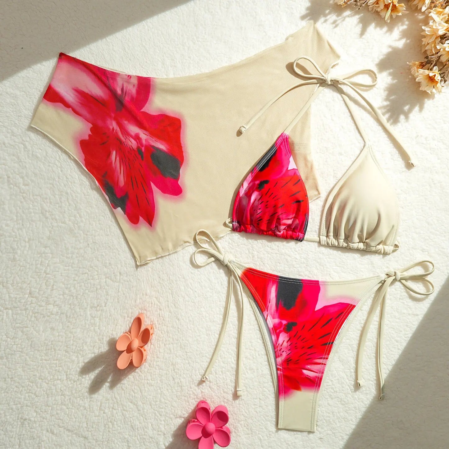 Bikini Donna 3 Pezzi Push Up Floreale Rosa Vintage Costume da Mare Estate 2026