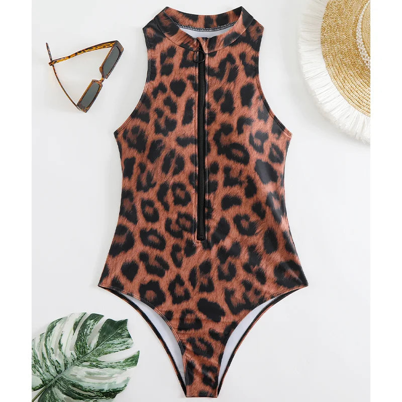 Costume da Bagno Intero Donna Taglio Alto con Zip Frontale – Stampa Animalier