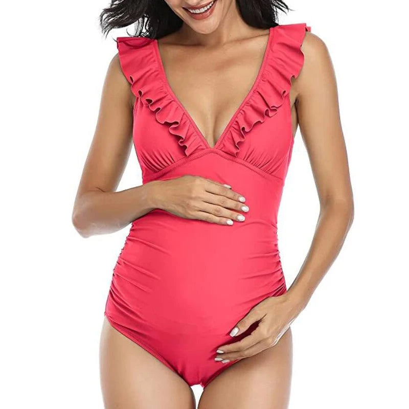 Costume da Bagno Premaman Intero con Volant e Scollo a V – Monokini Maternità con Lacci sul Retro, S–XL,4 Colori