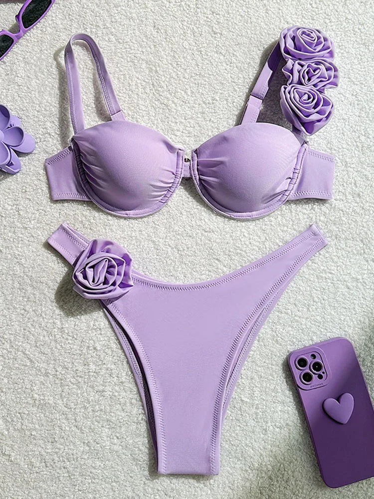 Bikini Donna Due Pezzi Push Up con Fiori 3D e Ferretto