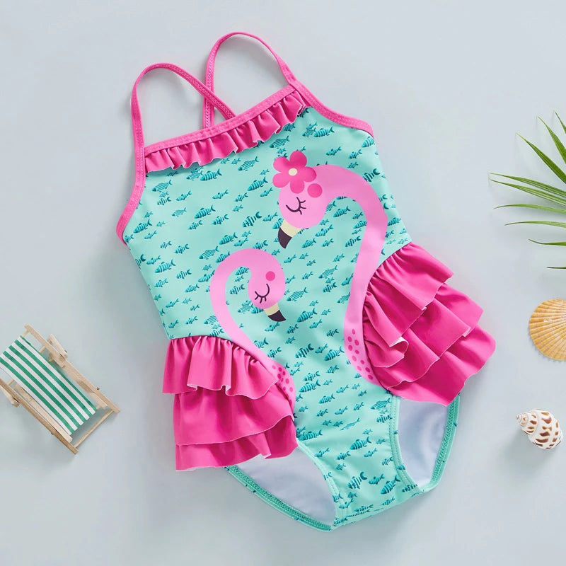 Costume da Bagno Intero per Bambina con Volant e Stampa Fenicottero, 18 Mesi–6 Anni