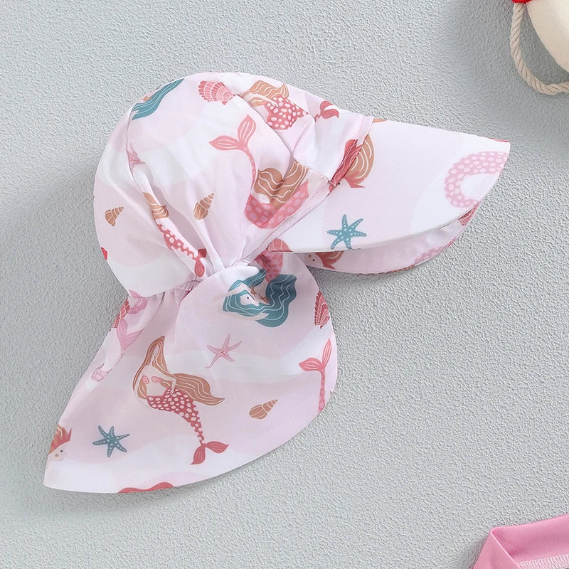 Costume da Bagno per Bambina con Cappellino Falda Larga Stampa Stelle Marine Rosa