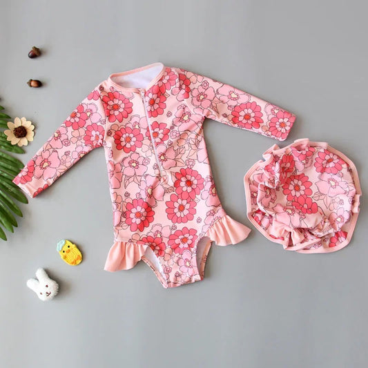 Costume da Bagno Intero per Bambina a Manica Lunga con Cerniera – Rash Guard Floreale ad Asciugatura Rapida, 10–30 kg 3 Fantasie