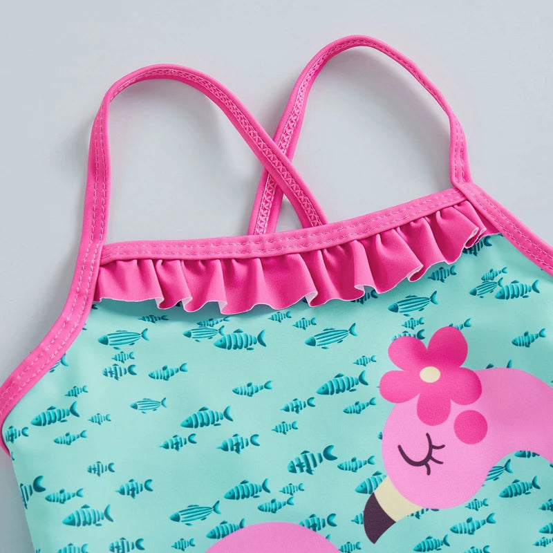 Costume da Bagno Intero per Bambina con Volant e Stampa Fenicottero, 18 Mesi–6 Anni