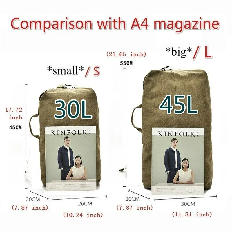 Zaino in Tela Canvas Multifunzionale – Sport, Trekking, Pesca e Viaggio – 3 Colori, 2 Misure 30L e 45L