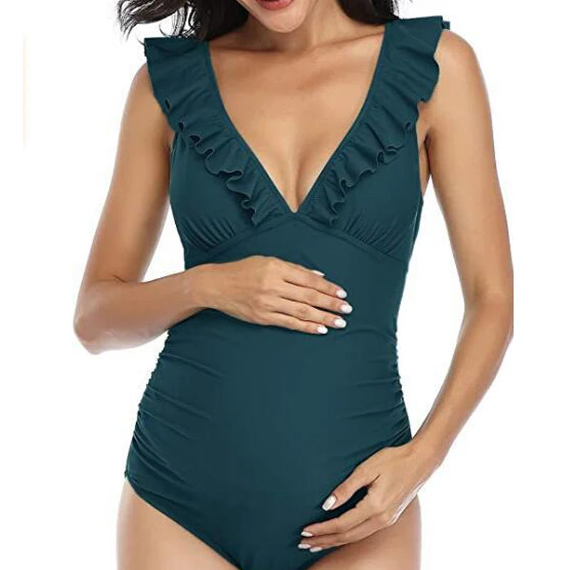 Costume da Bagno Premaman Intero con Volant e Scollo a V – Monokini Maternità con Lacci sul Retro, S–XL,4 Colori