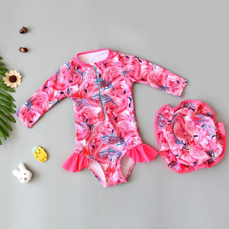 Costume da Bagno Intero per Bambina a Manica Lunga con Cerniera – Rash Guard Floreale ad Asciugatura Rapida, 10–30 kg 3 Fantasie