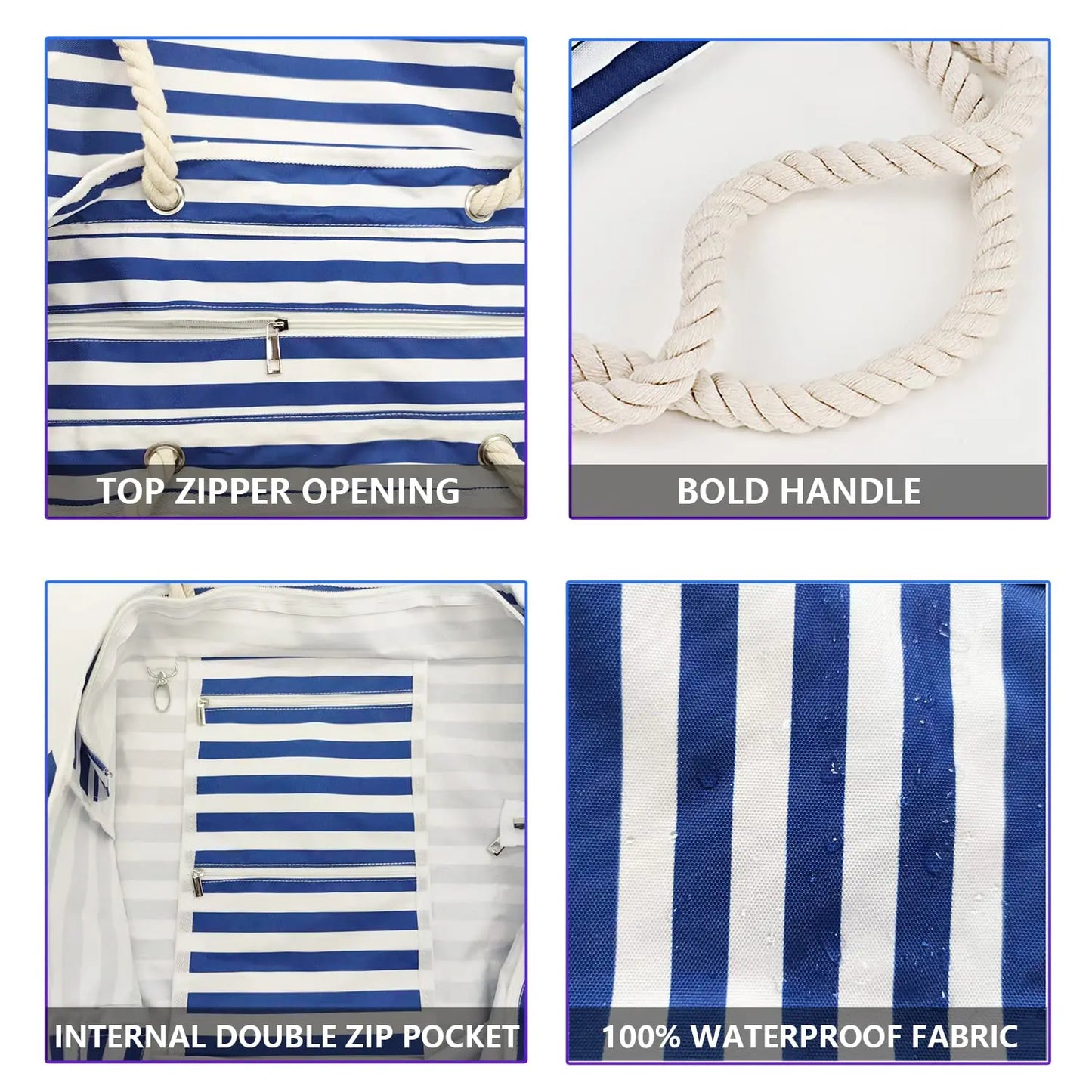 Borsa da Spiaggia in Tela a Righe con Cerniera – Pieghevole, Impermeabile, 56×38×15 cm 11 Fantasie
