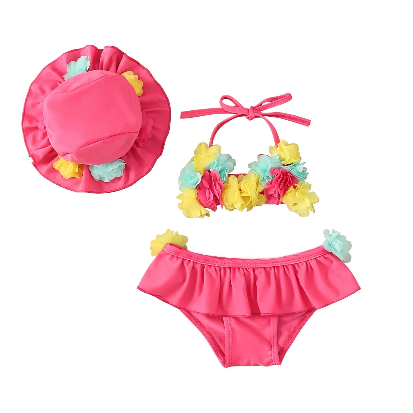 Costume da Bagno per Bambina 3 Pezzi, Bikini a Fiori con Volant e Cappellino da Sole, 6M–24M