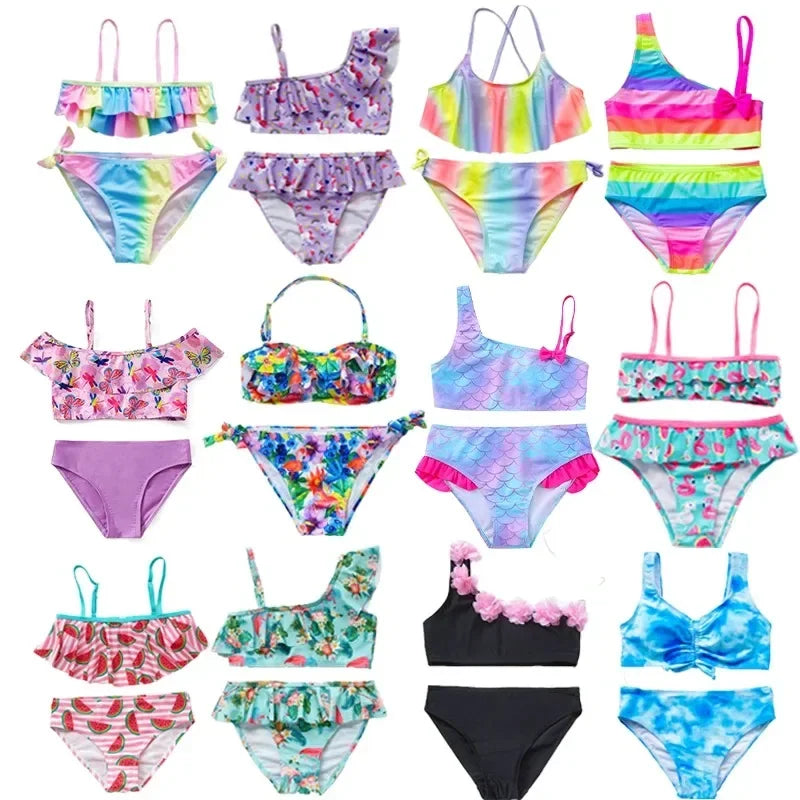 Bikini Due Pezzi Bambina con Volant – Costume da Bagno Estivo Senza Maniche, 12 Fantasie, 3–12 Anni