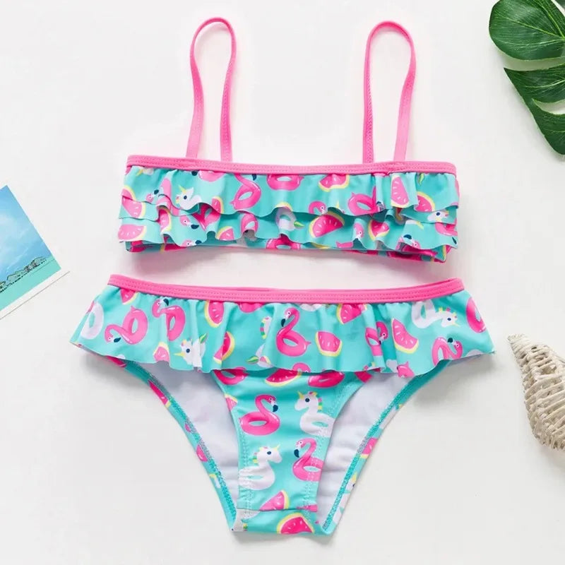 Bikini Due Pezzi Bambina con Volant – Costume da Bagno Estivo Senza Maniche, 12 Fantasie, 3–12 Anni