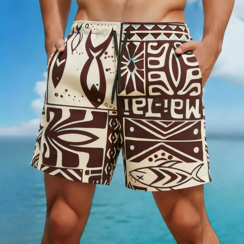 Bermuda da Spiaggia Uomo con Stampa Etnica – Pantaloncini Casual Estivi con Motivi Tribali e Geometrici, S–5XL,8 Colori