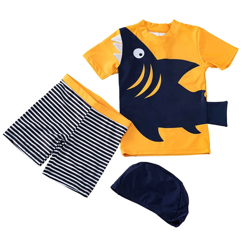 Set Nuoto Bambini 3 Pezzi UPF50+ – Rash Guard + Costume + Cuffia - Squalo Dinosauro Mare Piscina, XS(2)–3XL(14) 20 Fantasie