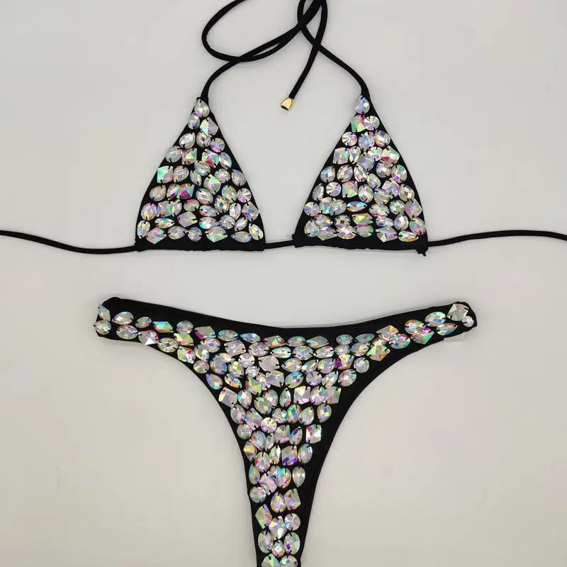 Bikini Donna 2 Pezzi Halter Push-Up con Strass, Vita Bassa, Tinta Unita, S–L