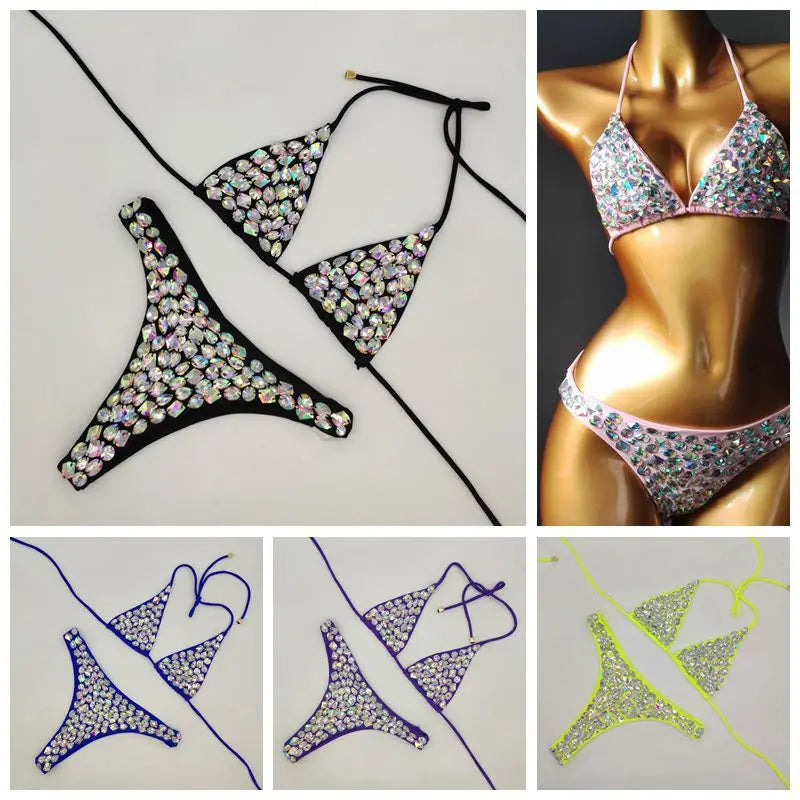 Bikini Donna 2 Pezzi Halter Push-Up con Strass, Vita Bassa, Tinta Unita, S–L