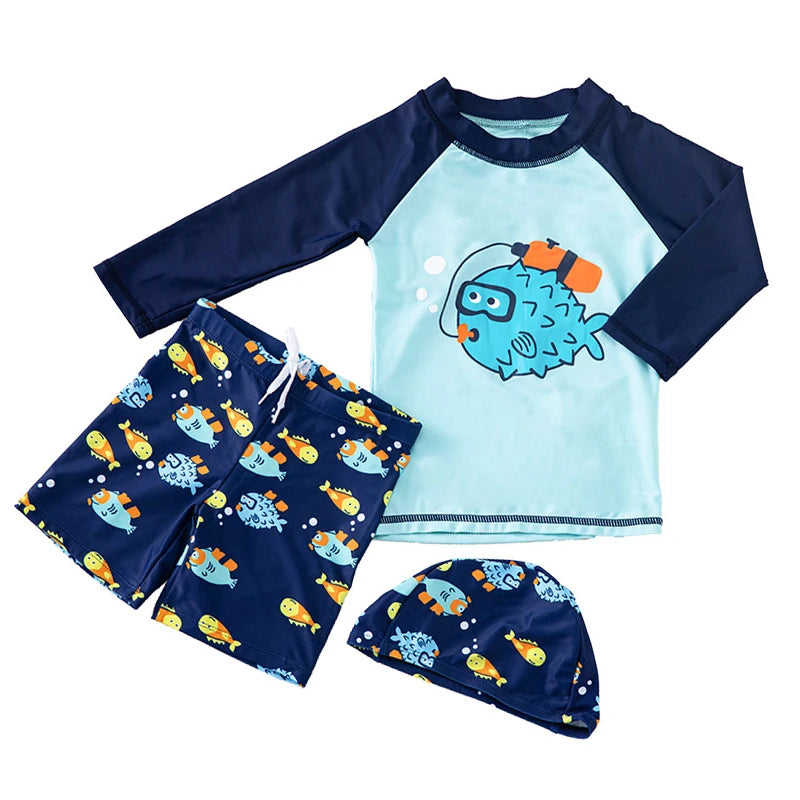 Set Nuoto Bambini 3 Pezzi UPF50+ – Rash Guard + Costume + Cuffia - Squalo Dinosauro Mare Piscina, XS(2)–3XL(14) 20 Fantasie