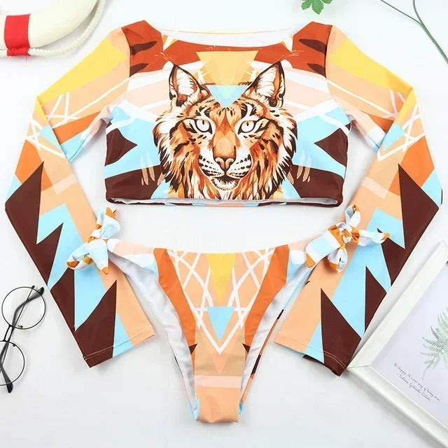 Costume da Bagno Donna Due Pezzi Manica Lunga Stampa Animalier