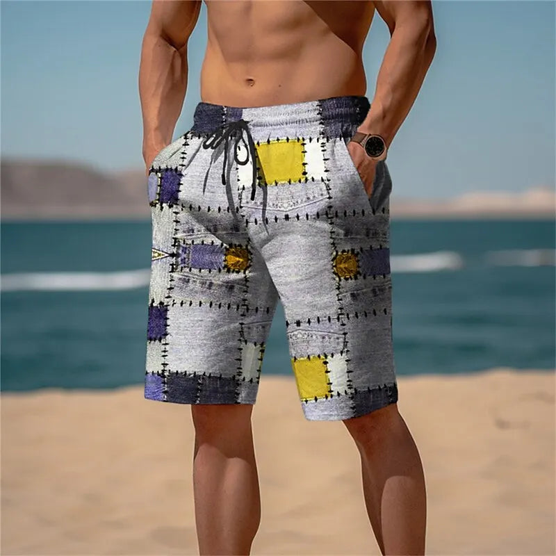 Bermuda da Spiaggia Uomo con Stampa Patchwork – Pantaloncini Casual Estivi con Motivi a Quadri Irregolari, S–5XL,4 Colori