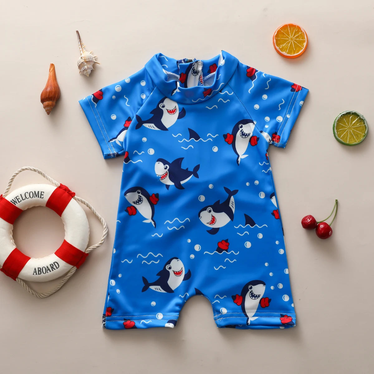 Rash Guard Neonato e Bambino con Cerniera e Stampa Squaletti – Manica Corta, 0–3 Anni