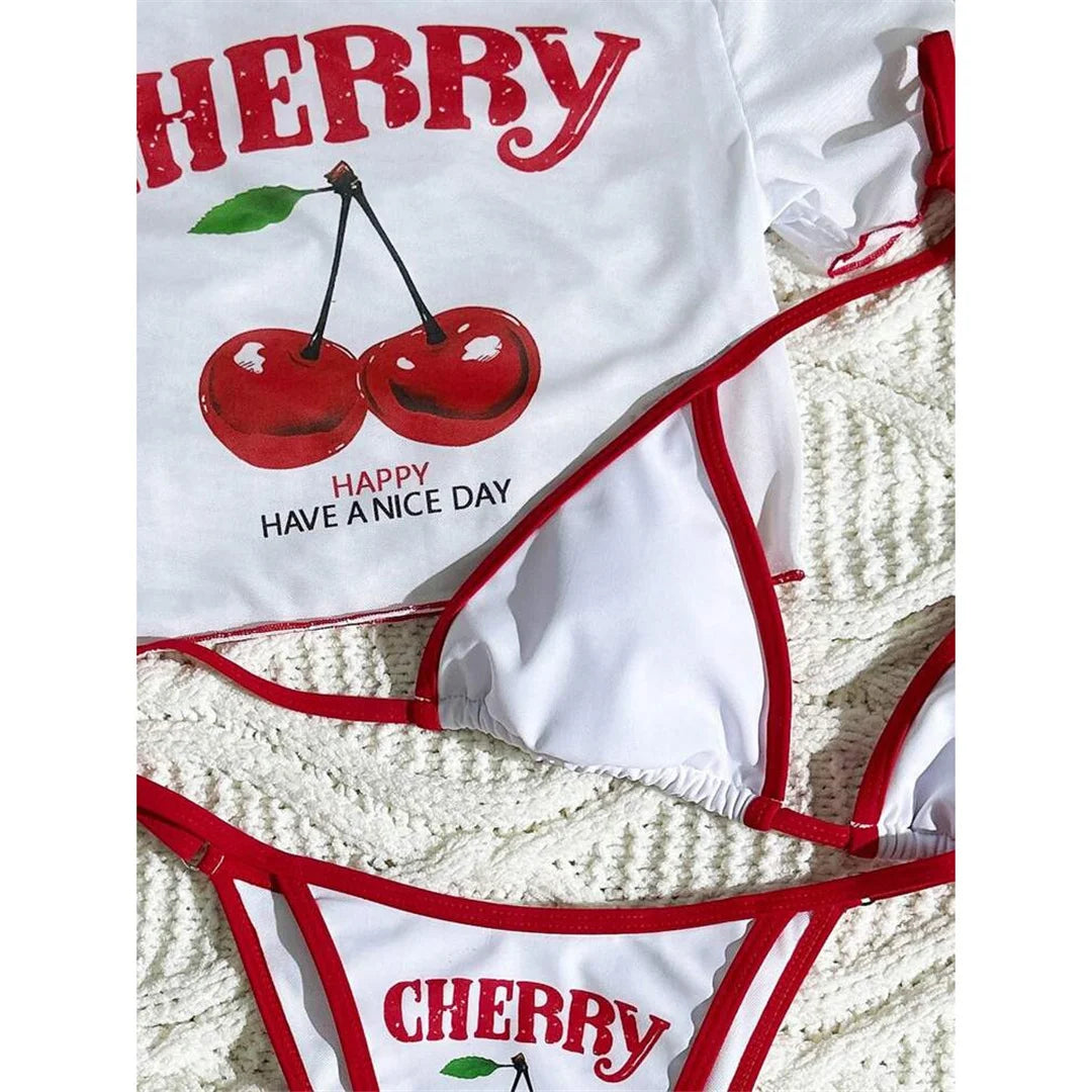 Set Bikini Tre Pezzi Donna Stampa Ciliegia, Top + Bikini a Triangolo
