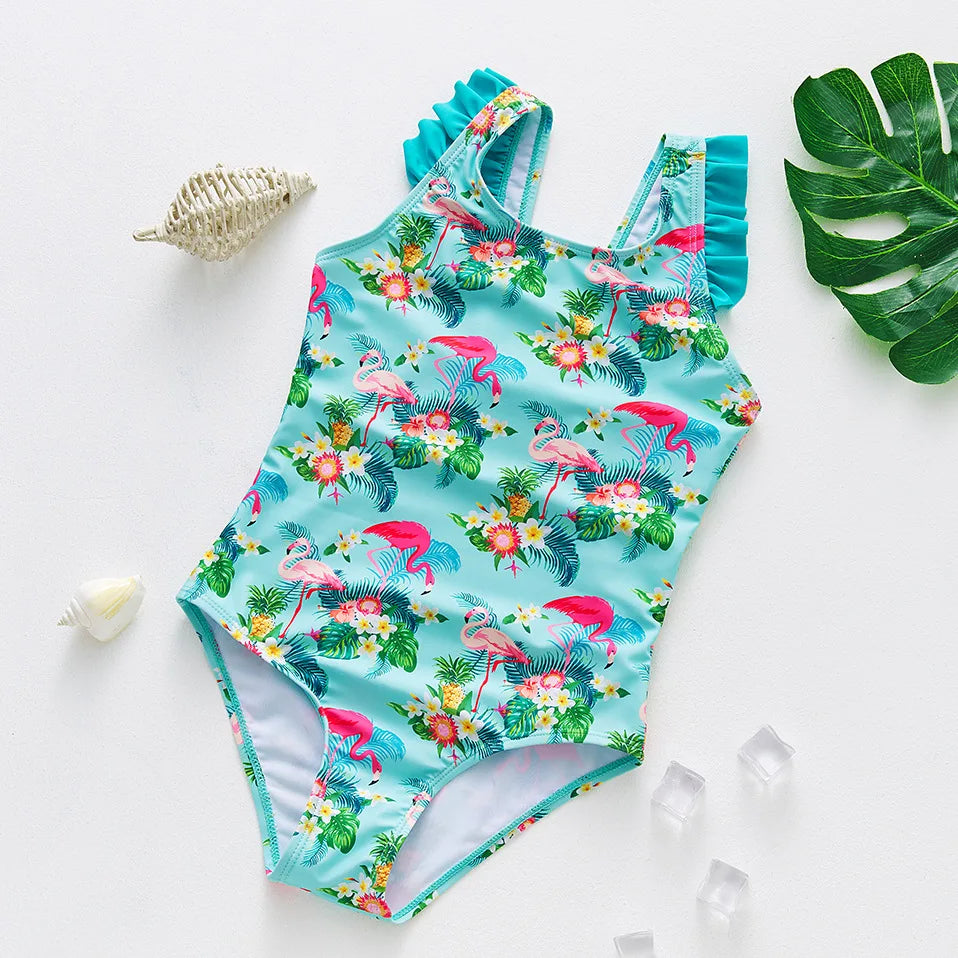Costume da Bagno Intero Bambina con Balze e Stampa Fantasia – 21 Fantasie, Taglie 1–8 Anni