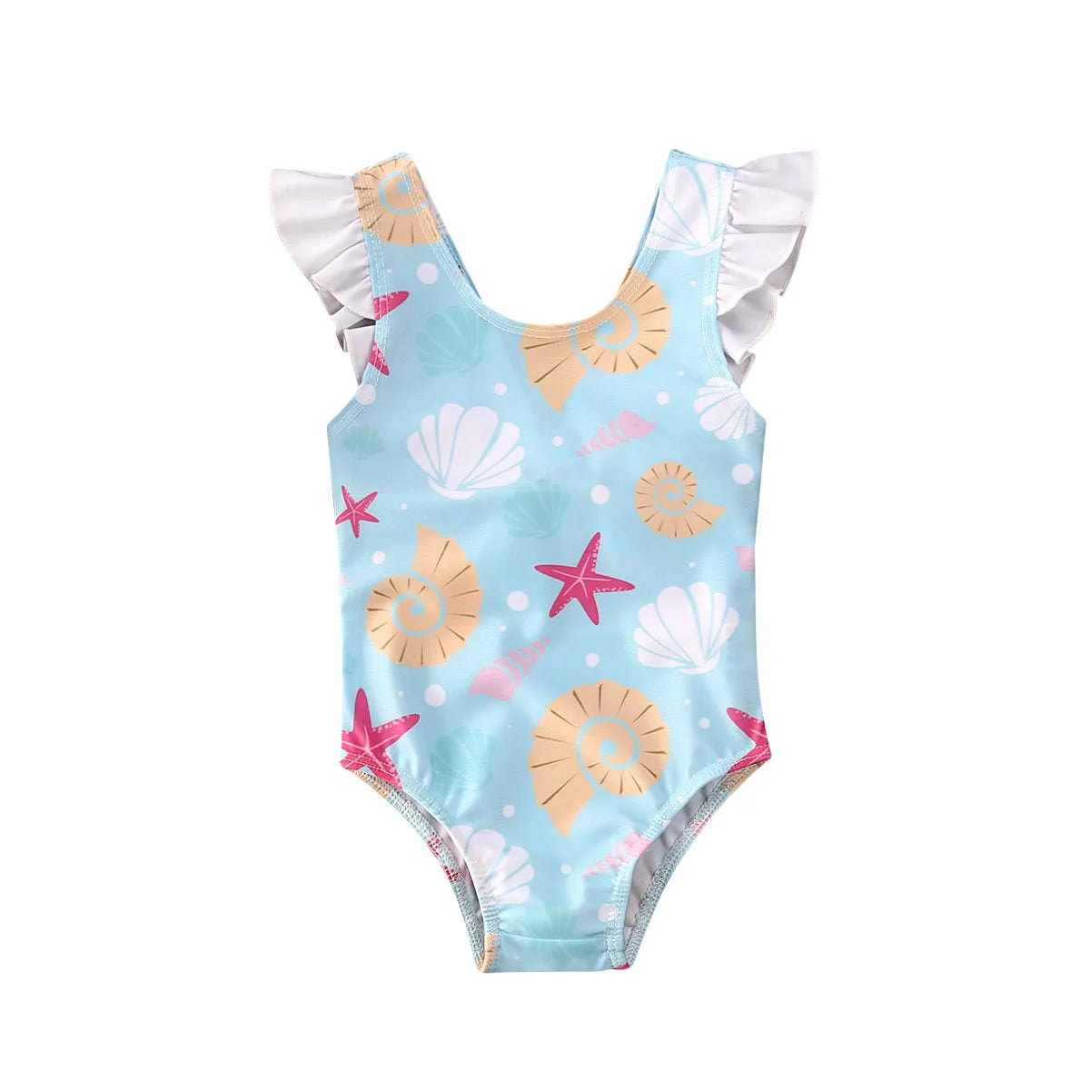 Costume da Bagno Intero Bambina con Bretelle e Volant, Stampa Stelle Marine e Conchiglie – Schiena Scoperta, 0–3 Anni