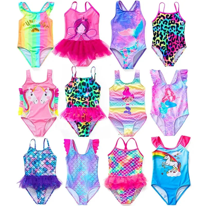 Costume da Bagno Intero Bambina con Balze e Stampa Fantasia – 21 Fantasie, Taglie 1–8 Anni