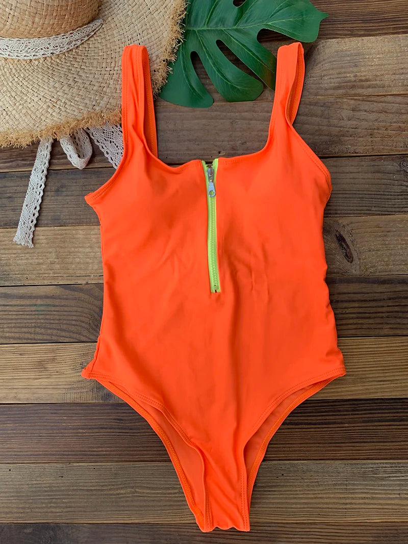 Costume da Bagno Intero Donna con Cerniera Frontale – Push Up, Schiena Scoperta - Stampa a Righe e Tinta Unita