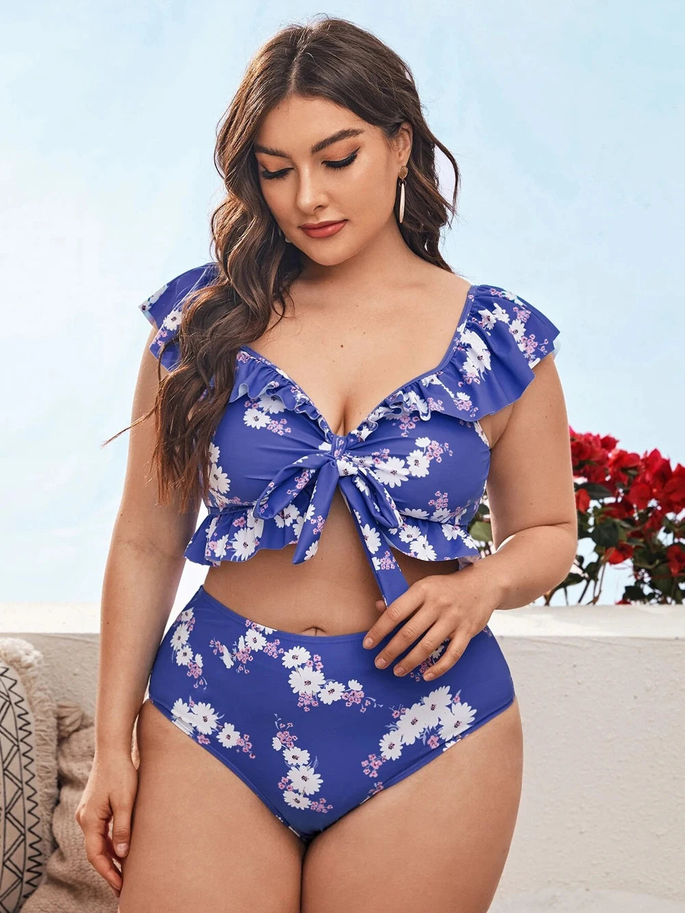 Bikini Plus Size Donna a Fiori con Push-Up e Vita Alta – 0XL–4XL
