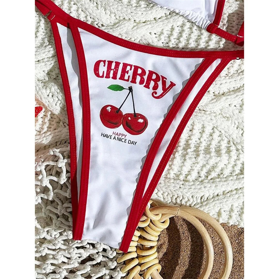 Set Bikini Tre Pezzi Donna Stampa Ciliegia, Top + Bikini a Triangolo