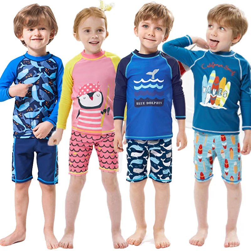 Costume da Bagno Due Pezzi Bambino e Bambina con Stampa Marina – Top e Pantaloncini, 9 Fantasie, 2–10 Anni