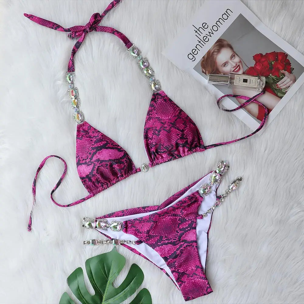 Bikini Donna Due Pezzi Halter Brasiliano con Pietre Gioiello