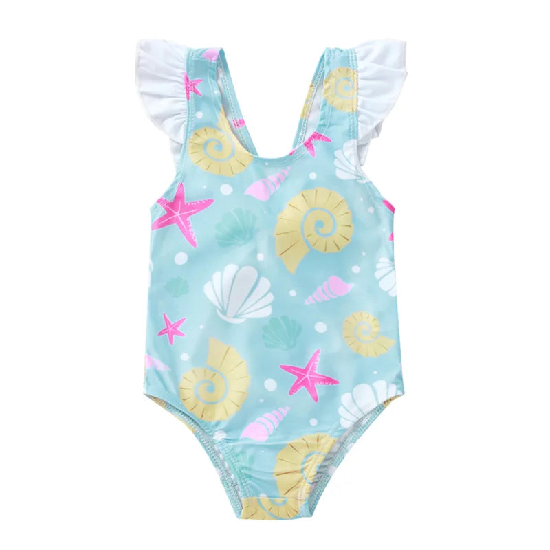 Costume da Bagno Intero Bambina con Bretelle e Volant, Stampa Stelle Marine e Conchiglie – Schiena Scoperta, 0–3 Anni