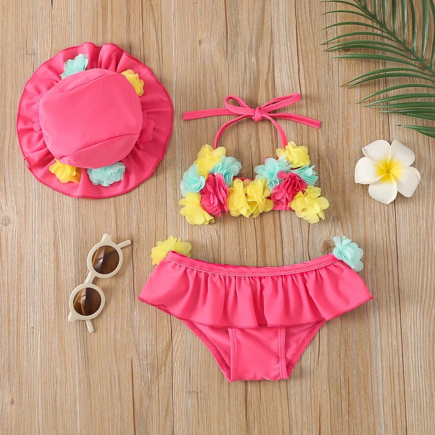 Costume da Bagno per Bambina 3 Pezzi, Bikini a Fiori con Volant e Cappellino da Sole, 6M–24M