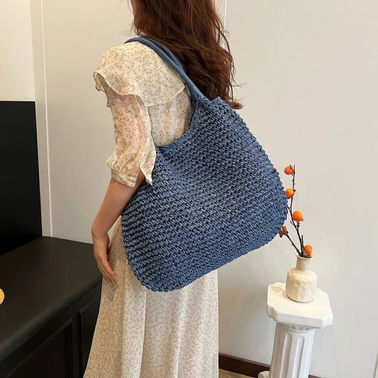 Borsa da Spiaggia in Paglia Intrecciata – Tote Bag Vintage a Spalla, Grande Capacità, 47×37 cm 6 Colori