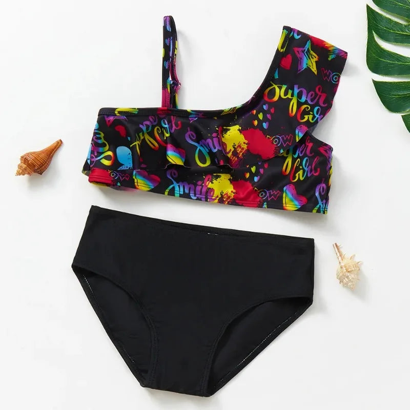 Bikini Due Pezzi Bambina con Volant – Costume da Bagno Estivo Senza Maniche, 12 Fantasie, 3–12 Anni