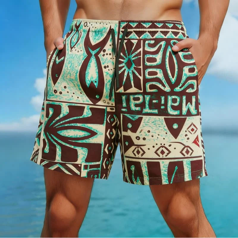Bermuda da Spiaggia Uomo con Stampa Etnica – Pantaloncini Casual Estivi con Motivi Tribali e Geometrici, S–5XL,8 Colori