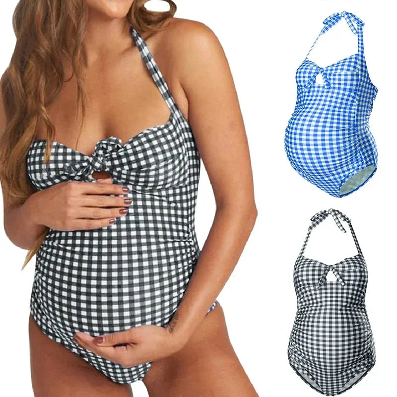 Bikini Premaman Intero con Stampa a Quadri – Costume da Bagno Donna Incinta Blu S–L