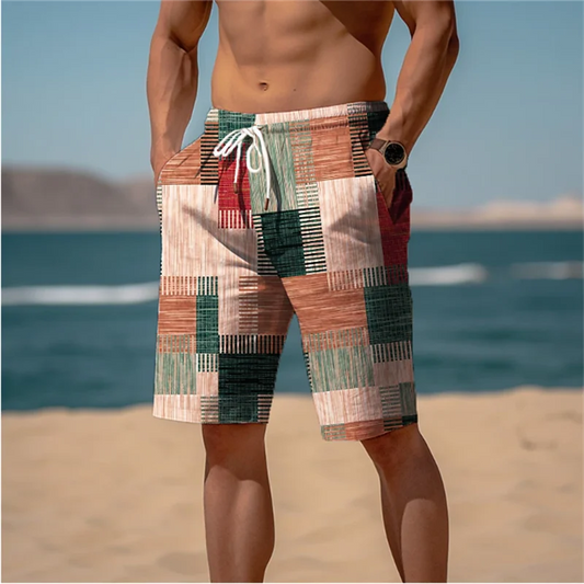 Bermuda da Spiaggia Uomo con Stampa Patchwork – Pantaloncini Casual Estivi, Taglie Bambino e Adulto (4T–6XL)