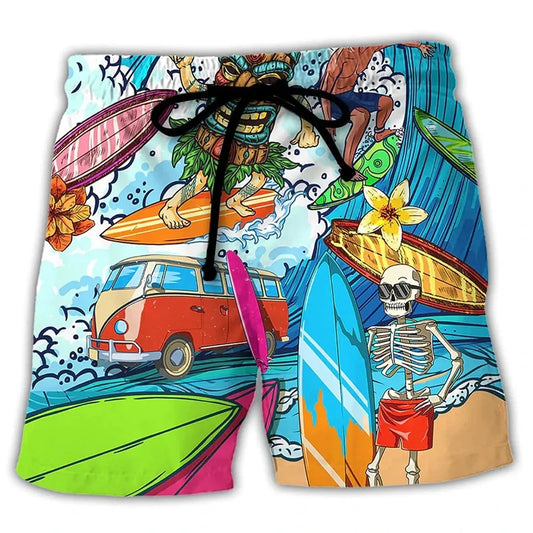 Bermuda da Spiaggia Uomo con Stampa Tiki Retrò – Pantaloncini Casual Estivi, Taglie Bambino e Adulto (4T–6XL)