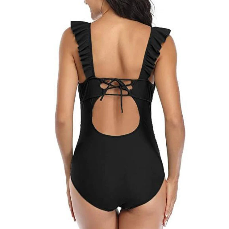 Costume da Bagno Premaman Intero con Volant e Scollo a V – Monokini Maternità con Lacci sul Retro, S–XL,4 Colori