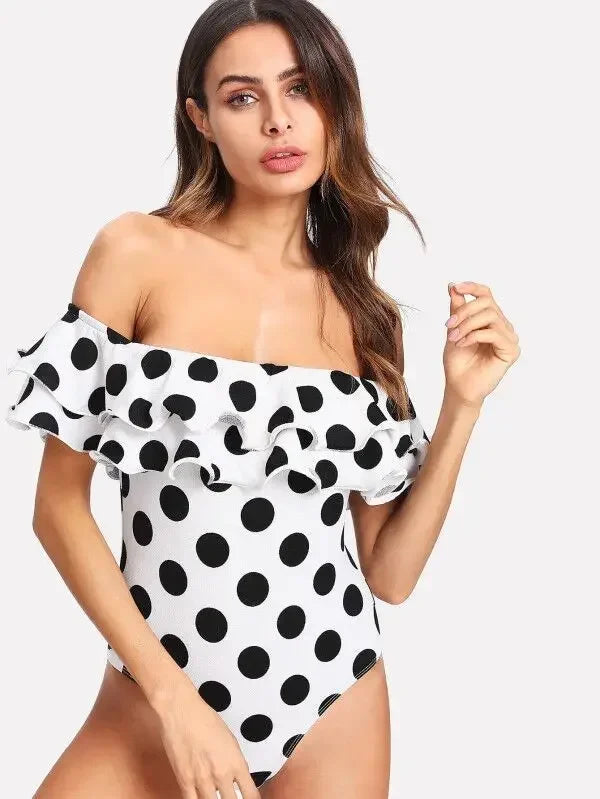 Costume Intero Donna a Pois con Volant e Scollo all'Americana, Beige e Nero, S–4XL