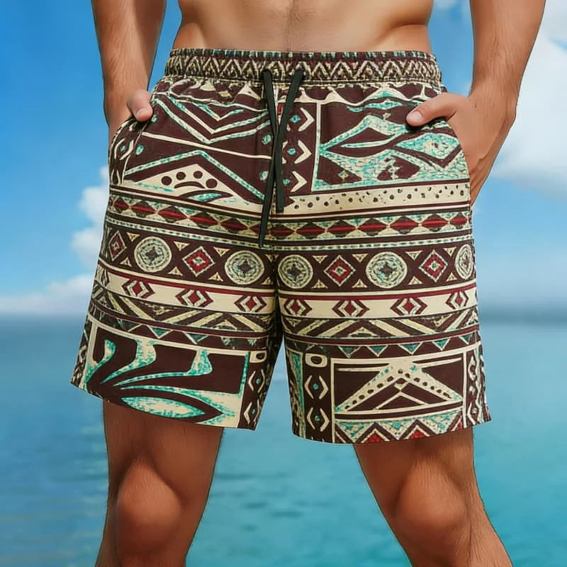 Bermuda da Spiaggia Uomo con Stampa Etnica – Pantaloncini Casual Estivi con Motivi Tribali e Geometrici, S–5XL,8 Colori