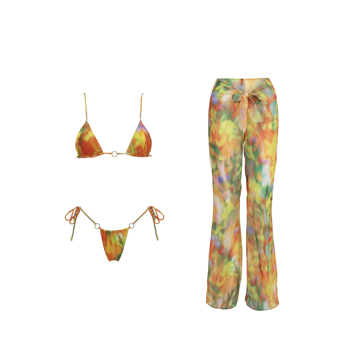 Bikini Donna 3 Pezzi con Push-Up e Cover-Up Pantaloni, Stampa Floreale, S–L