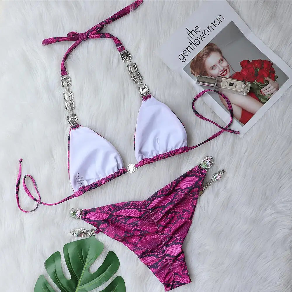 Bikini Donna Due Pezzi Halter Brasiliano con Pietre Gioiello